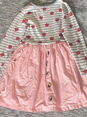 MINI BODEN Girls Apple Dress Long Sleeves Pink Grey Stripes